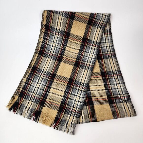 Vtg Wool Blend Scarf Beige Plaid Light‎ Academia Preppy Career Work Wear Warmth - Picture 1 of 7